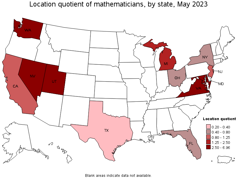 Map of location quotient of mathematicians by state, May 2023