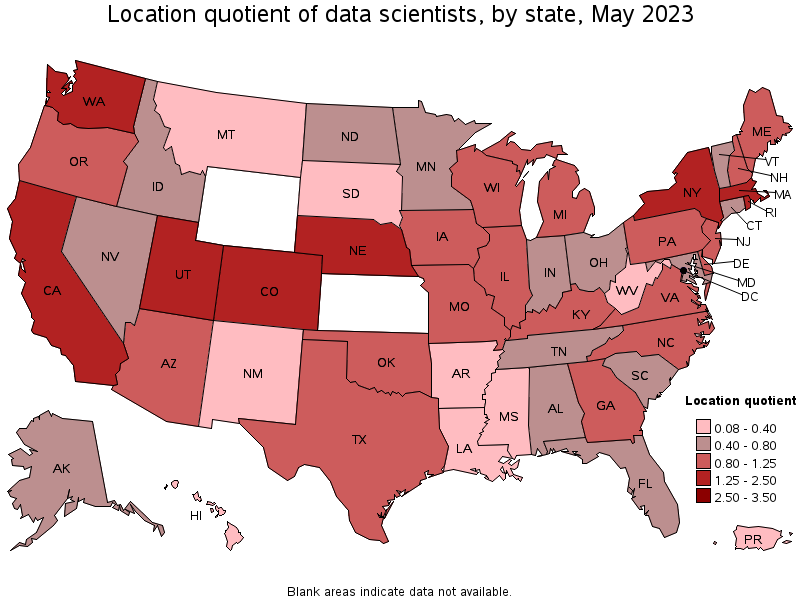 Map of location quotient of data scientists by state, May 2023