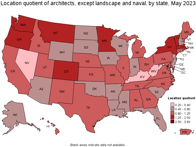 Map of location quotient of architects, except landscape and naval by state, May 2023