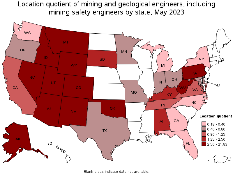 Map of location quotient of mining and geological engineers, including mining safety engineers by state, May 2023