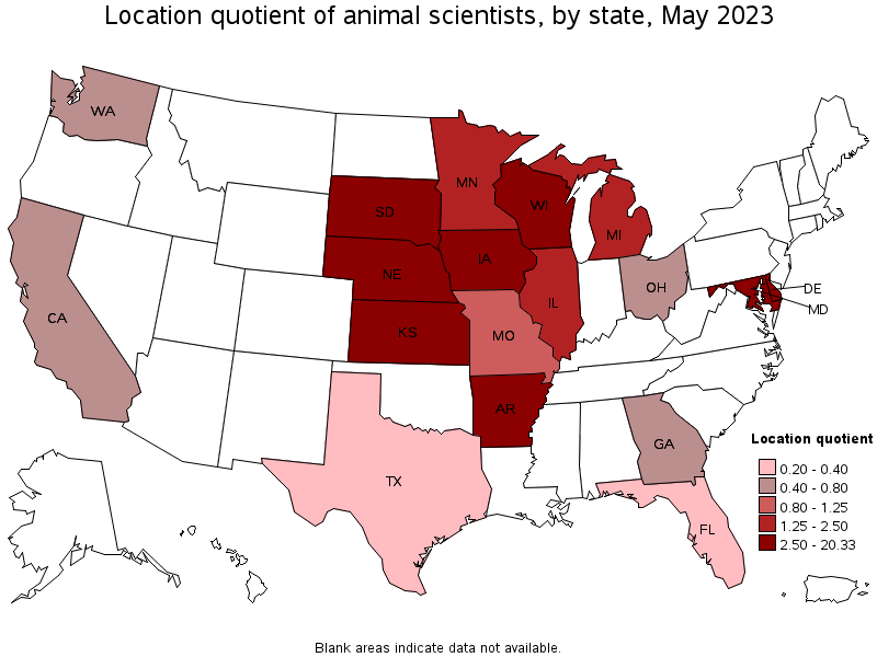 Map of location quotient of animal scientists by state, May 2023