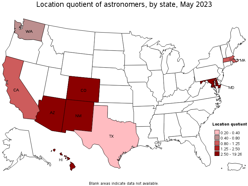 Map of location quotient of astronomers by state, May 2023