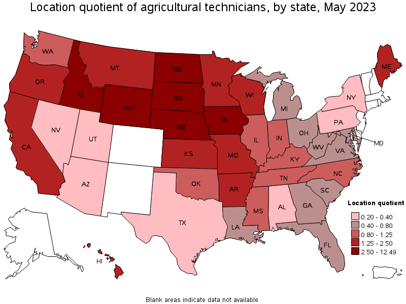 Map of location quotient of agricultural technicians by state, May 2023