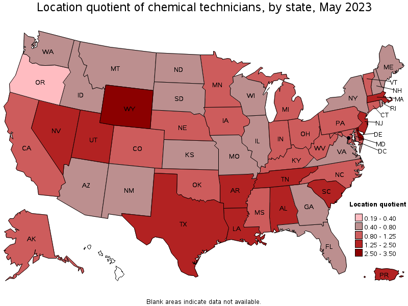 Map of location quotient of chemical technicians by state, May 2023