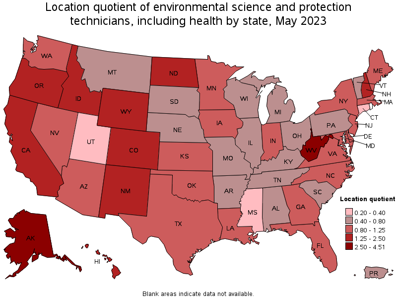 Map of location quotient of environmental science and protection technicians, including health by state, May 2023