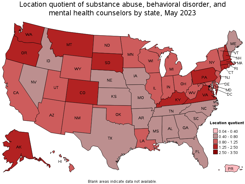 Map of location quotient of substance abuse, behavioral disorder, and mental health counselors by state, May 2023