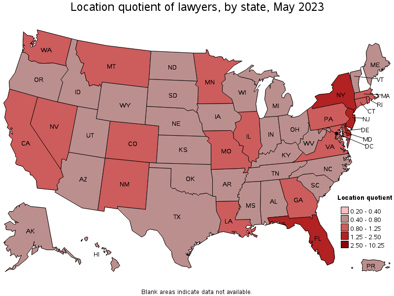 Map of location quotient of lawyers by state, May 2023