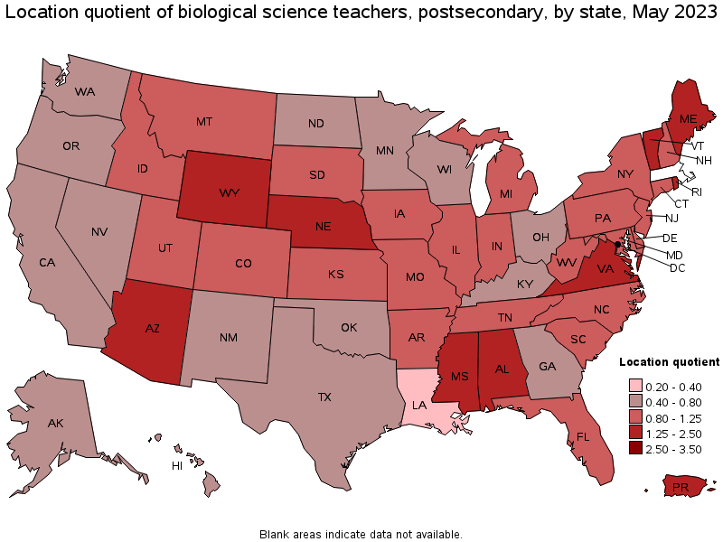 Map of location quotient of biological science teachers, postsecondary by state, May 2023