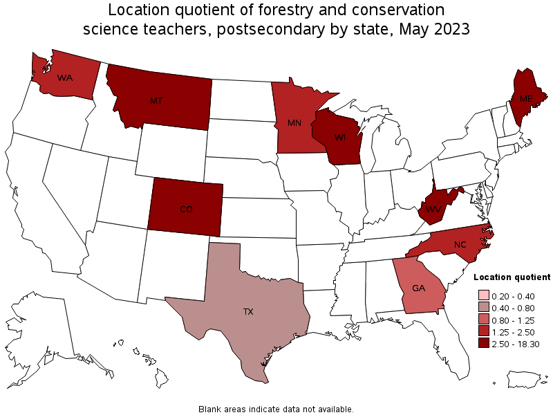 Map of location quotient of forestry and conservation science teachers, postsecondary by state, May 2023