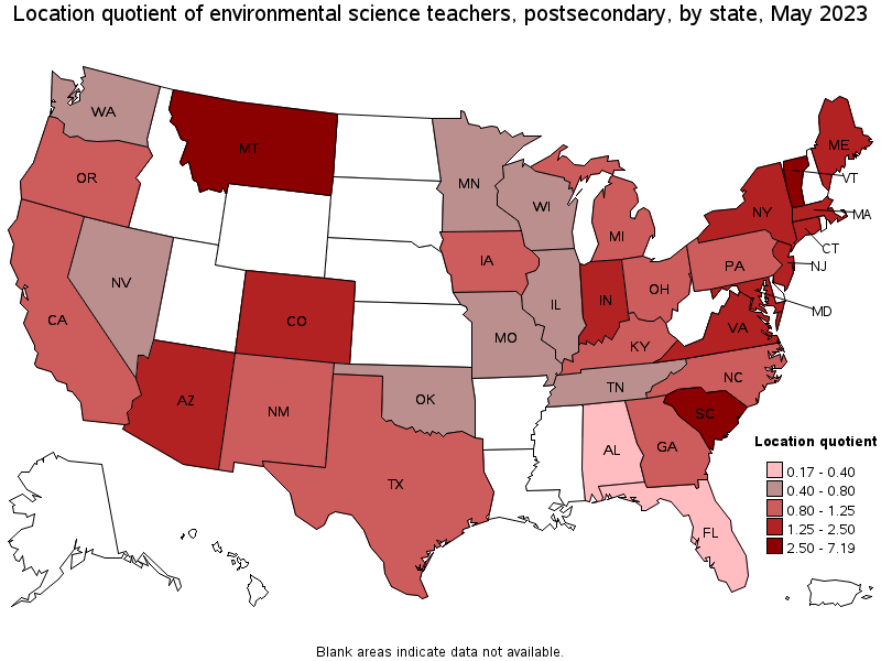 Map of location quotient of environmental science teachers, postsecondary by state, May 2023