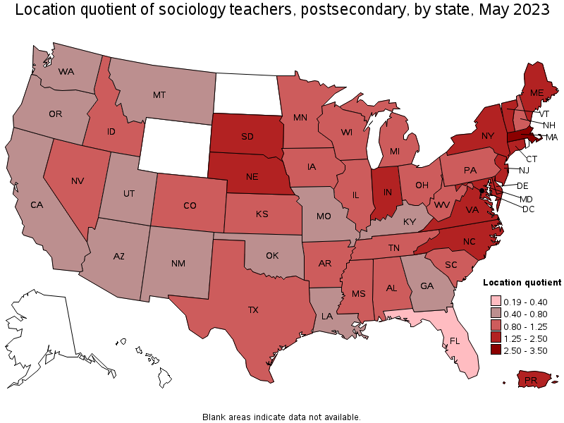 Map of location quotient of sociology teachers, postsecondary by state, May 2023