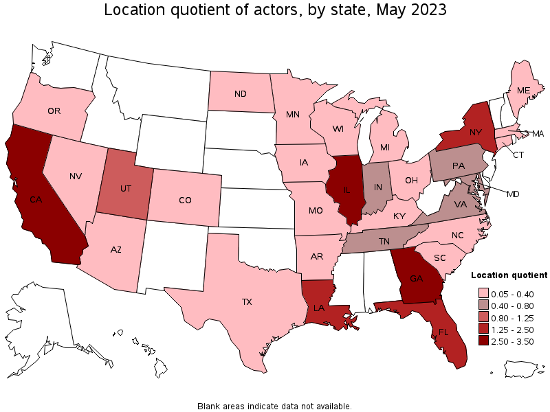 Map of location quotient of actors by state, May 2023