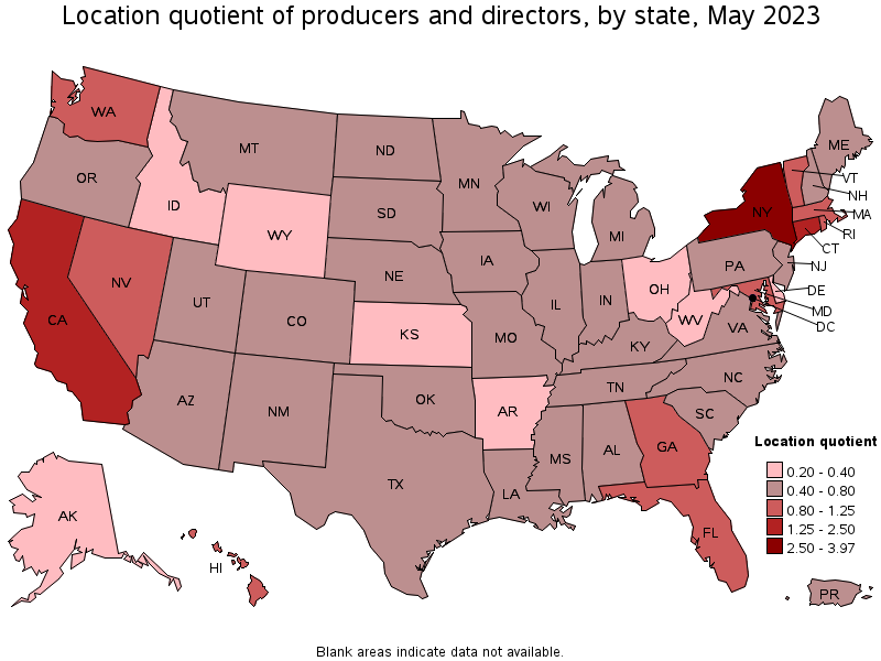 Map of location quotient of producers and directors by state, May 2023