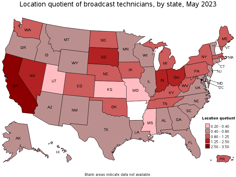 Map of location quotient of broadcast technicians by state, May 2023