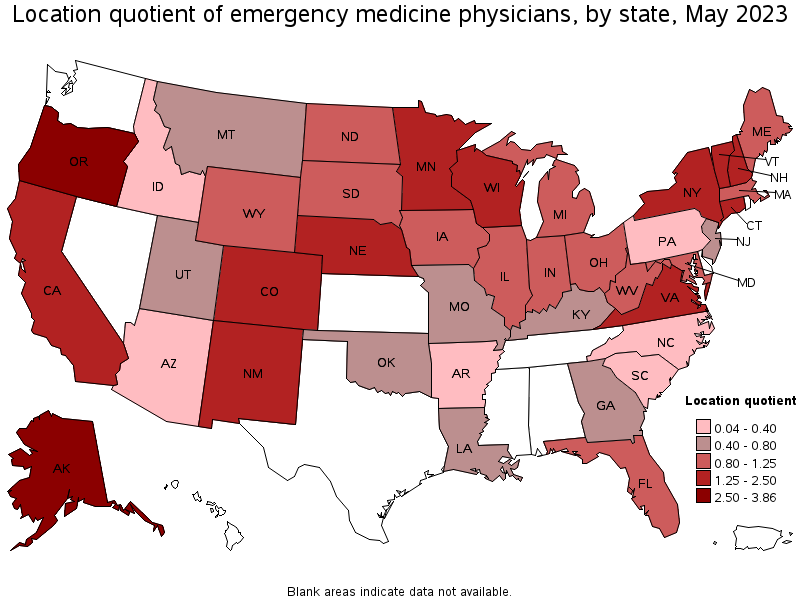 Map of location quotient of emergency medicine physicians by state, May 2023