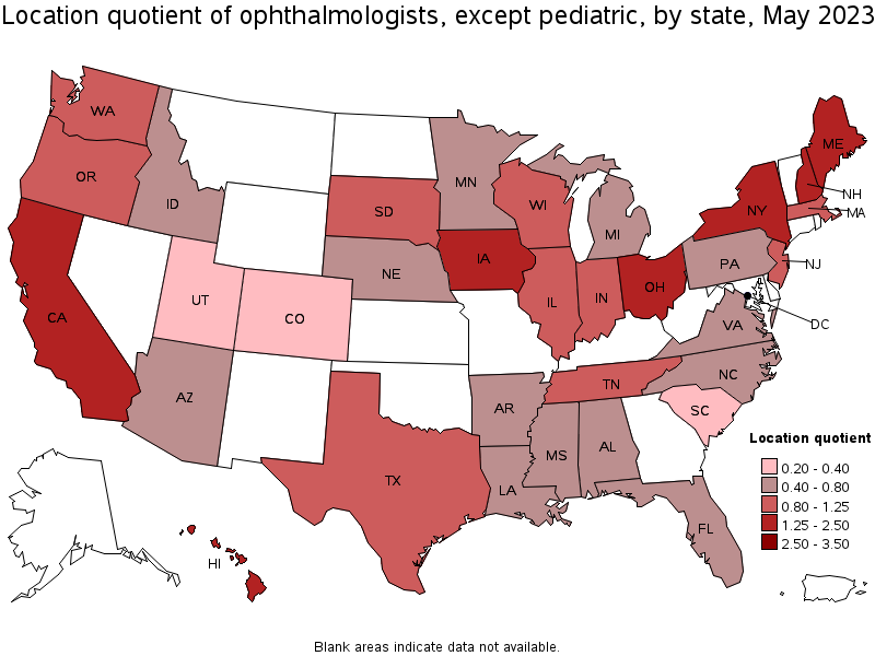 Map of location quotient of ophthalmologists, except pediatric by state, May 2023
