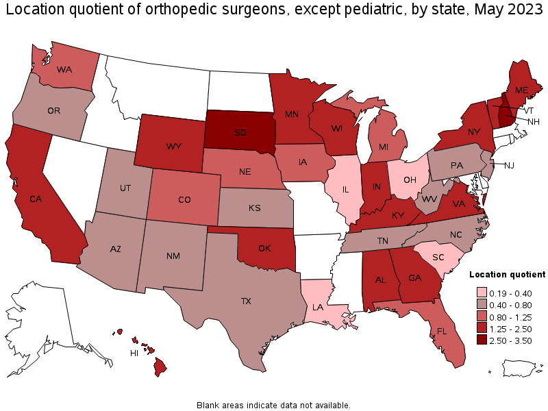 Map of location quotient of orthopedic surgeons, except pediatric by state, May 2023