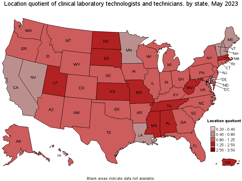 Map of location quotient of clinical laboratory technologists and technicians by state, May 2023