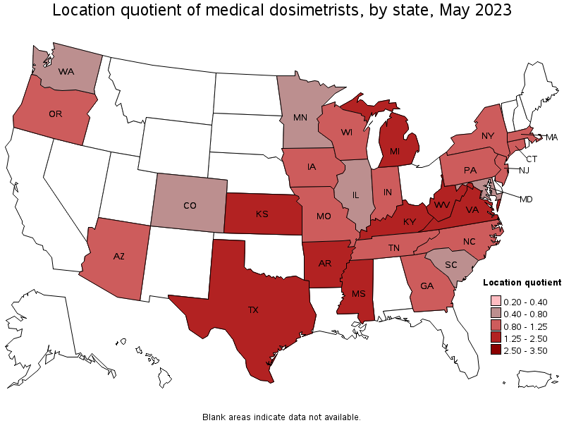Map of location quotient of medical dosimetrists by state, May 2023
