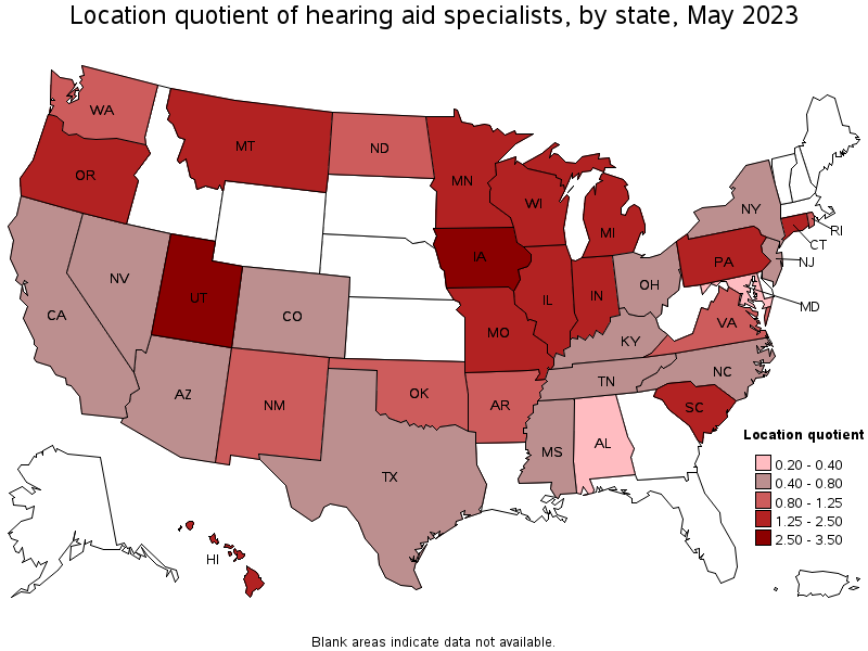 Map of location quotient of hearing aid specialists by state, May 2023