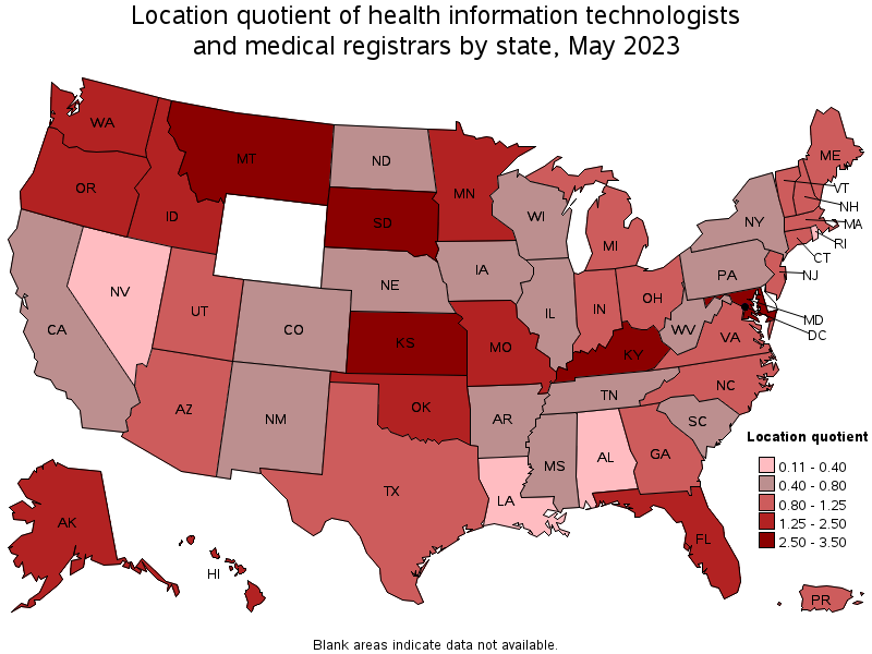Map of location quotient of health information technologists and medical registrars by state, May 2023