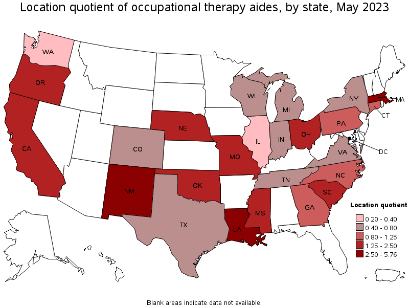 Map of location quotient of occupational therapy aides by state, May 2023