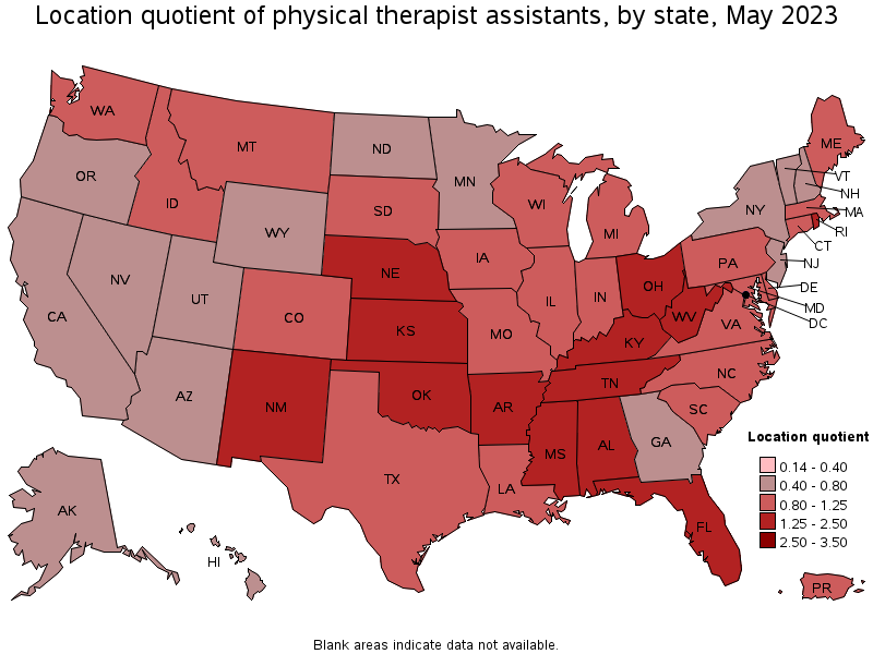 Map of location quotient of physical therapist assistants by state, May 2023