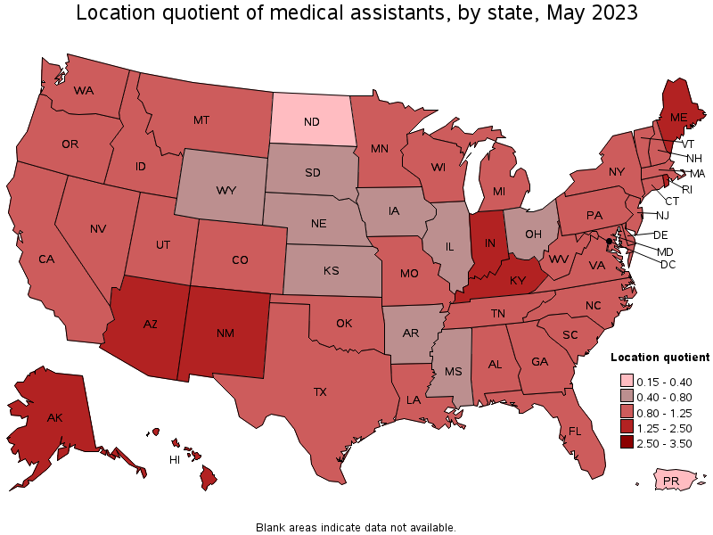Map of location quotient of medical assistants by state, May 2023