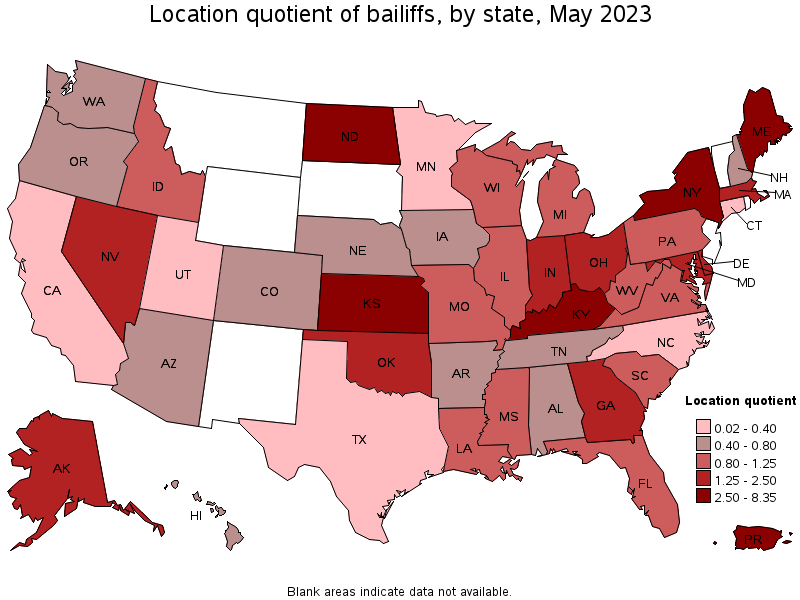 Map of location quotient of bailiffs by state, May 2023