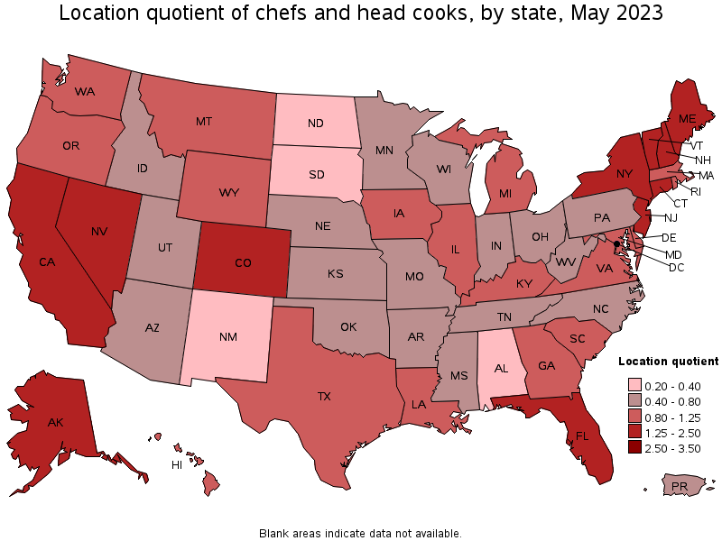 Map of location quotient of chefs and head cooks by state, May 2023