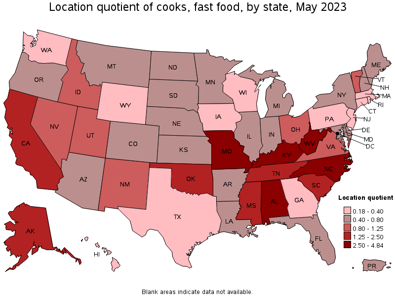 Map of location quotient of cooks, fast food by state, May 2023