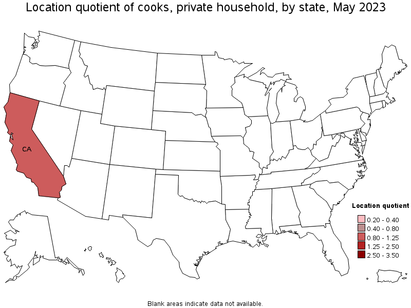 Map of location quotient of cooks, private household by state, May 2023