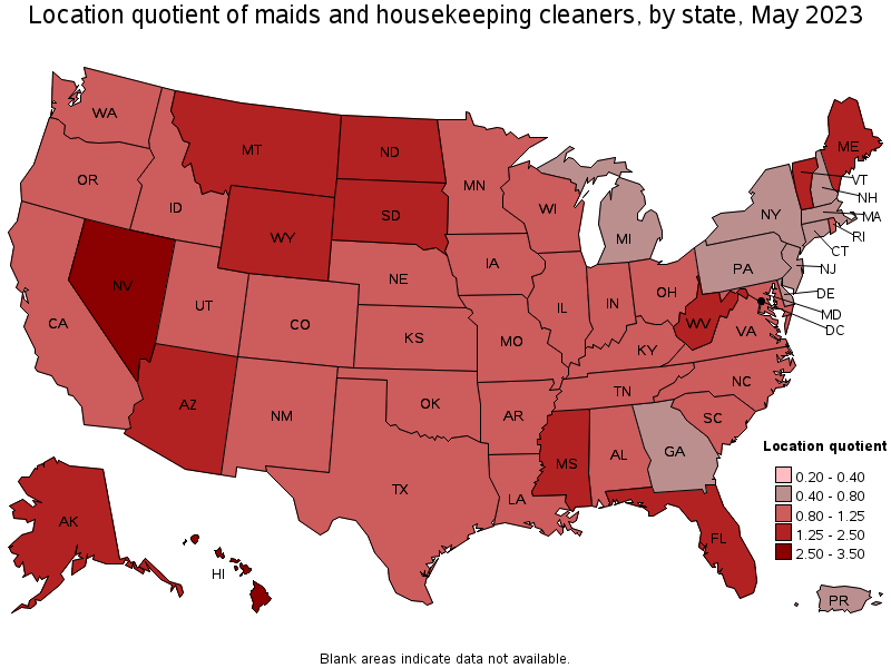 Map of location quotient of maids and housekeeping cleaners by state, May 2023