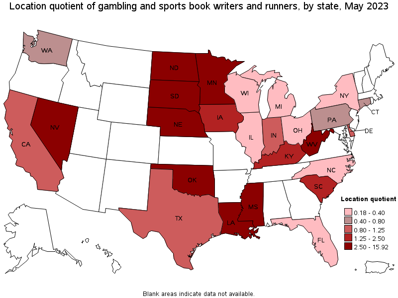 Map of location quotient of gambling and sports book writers and runners by state, May 2023