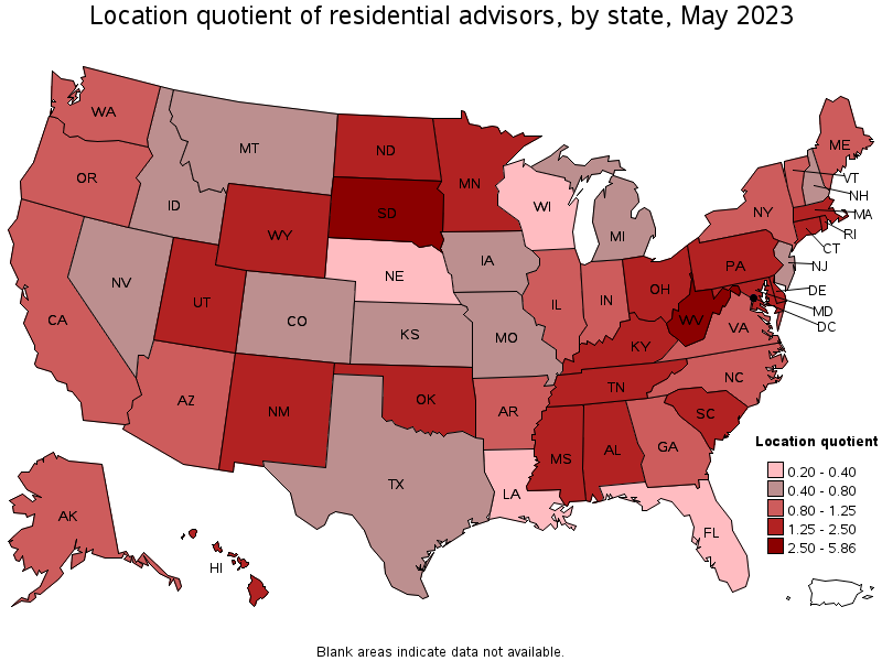 Map of location quotient of residential advisors by state, May 2023