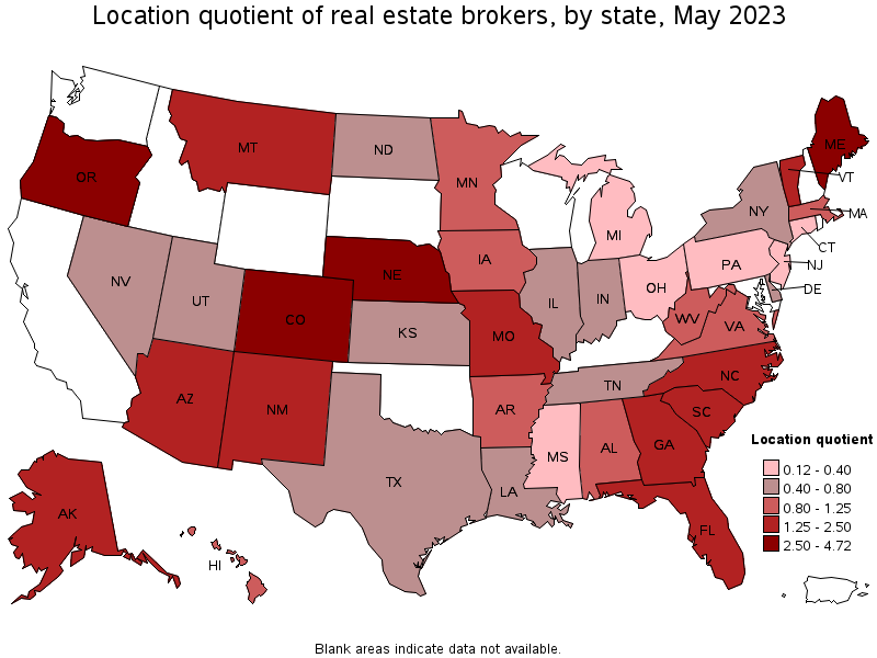 Map of location quotient of real estate brokers by state, May 2023