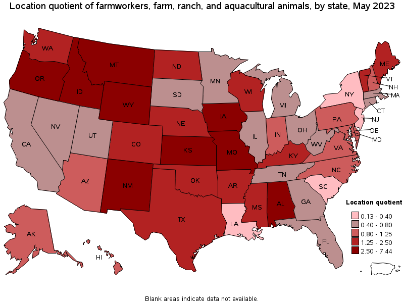 Map of location quotient of farmworkers, farm, ranch, and aquacultural animals by state, May 2023