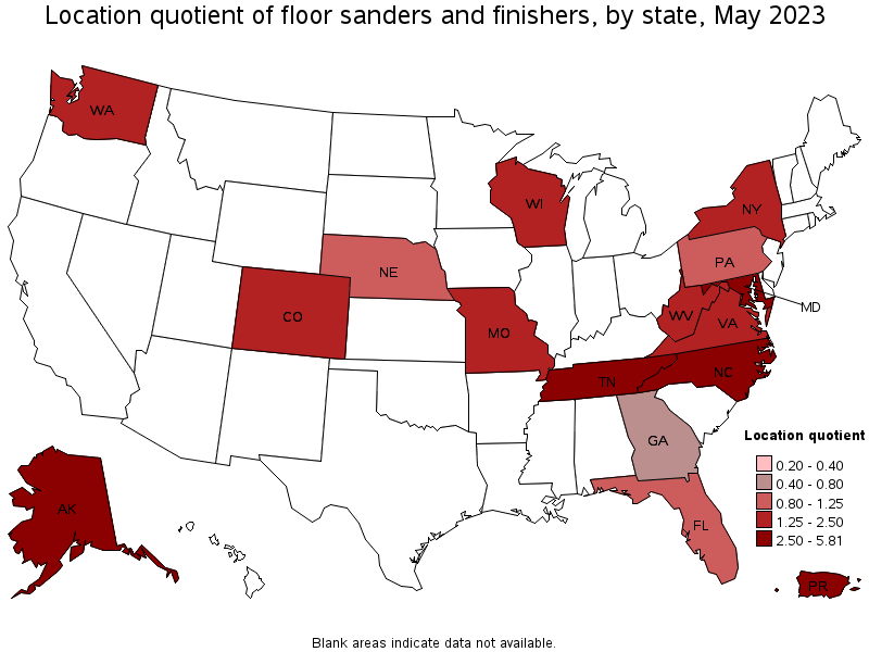 Map of location quotient of floor sanders and finishers by state, May 2023