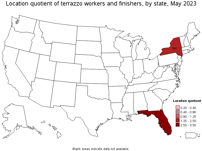 Map of location quotient of terrazzo workers and finishers by state, May 2023