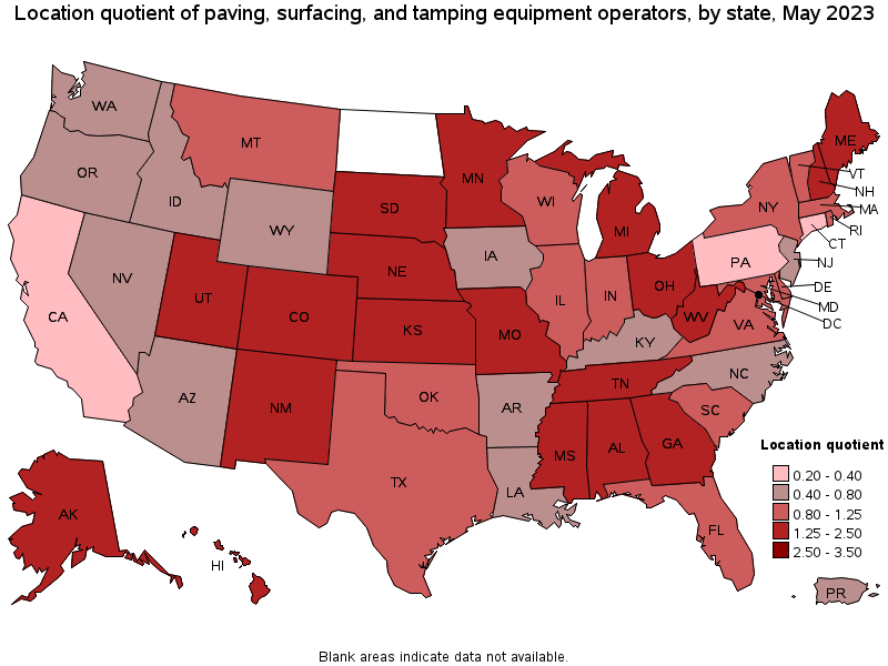 Map of location quotient of paving, surfacing, and tamping equipment operators by state, May 2023
