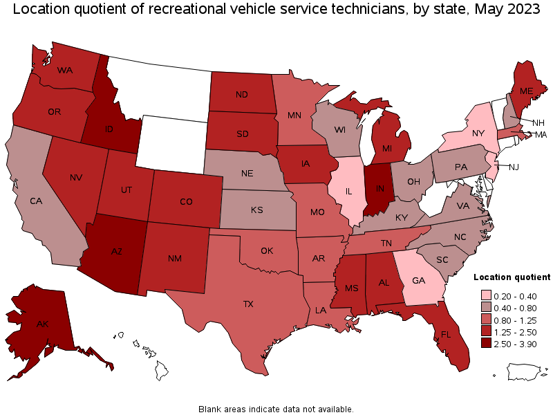 Map of location quotient of recreational vehicle service technicians by state, May 2023