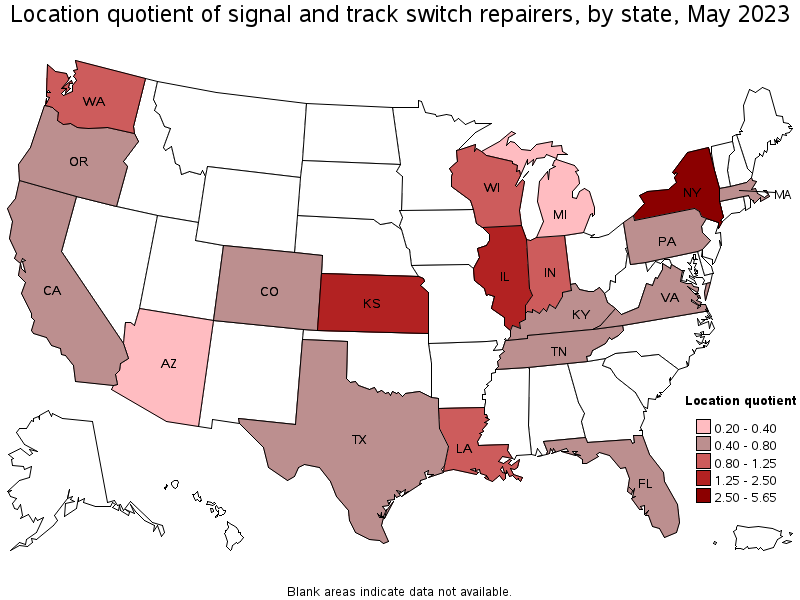 Map of location quotient of signal and track switch repairers by state, May 2023