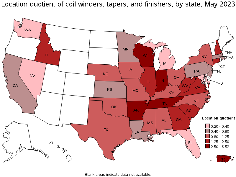 Map of location quotient of coil winders, tapers, and finishers by state, May 2023