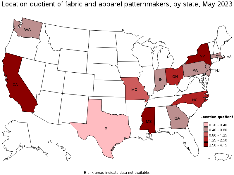 Map of location quotient of fabric and apparel patternmakers by state, May 2023