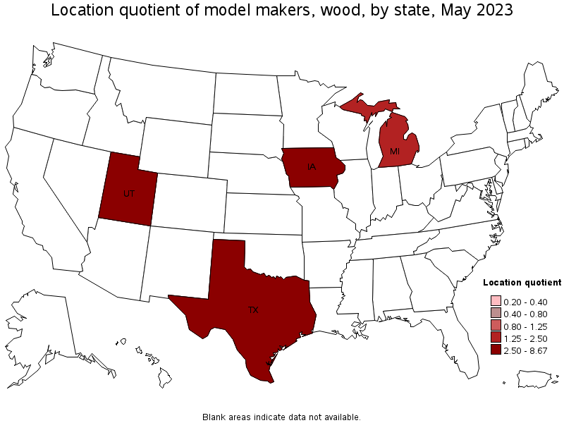 Map of location quotient of model makers, wood by state, May 2023