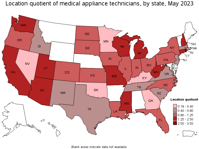 Map of location quotient of medical appliance technicians by state, May 2023