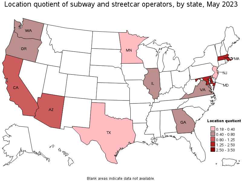 Map of location quotient of subway and streetcar operators by state, May 2023