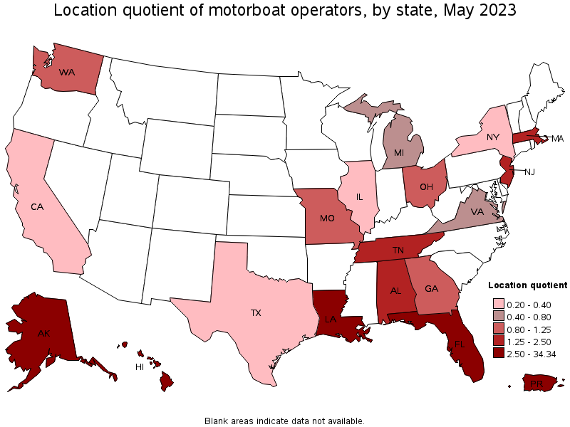 Map of location quotient of motorboat operators by state, May 2023