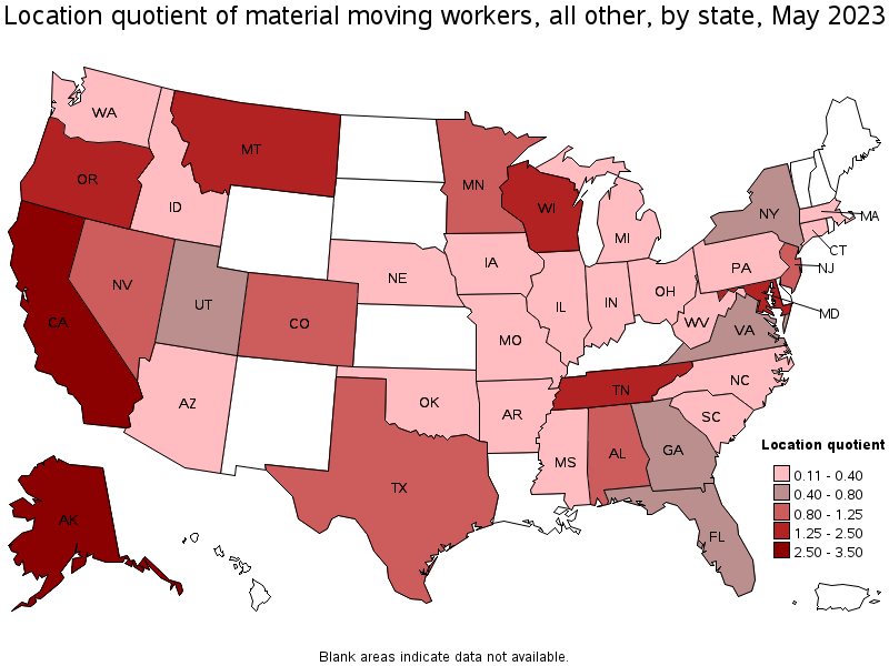 Map of location quotient of material moving workers, all other by state, May 2023