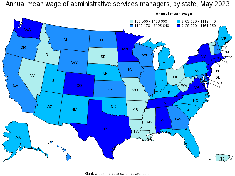 Map of annual mean wages of administrative services managers by state, May 2023